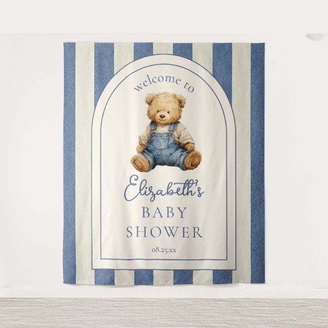 Blue Jean Teddy Bear Baby Shower Photo Backdrop Wandteppich (Vorderseite)