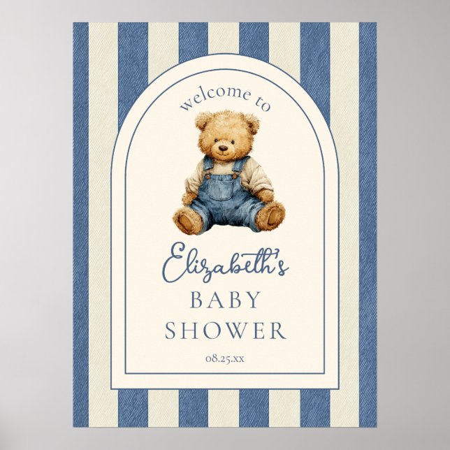 Blue Jean Teddy Bear Baby Shower Welcome Sign Poster (Vorne)