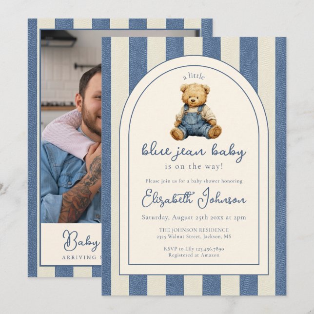 Blue Jean Teddy Bear Photo QR Code Baby Shower Einladung (Vorne/Hinten)