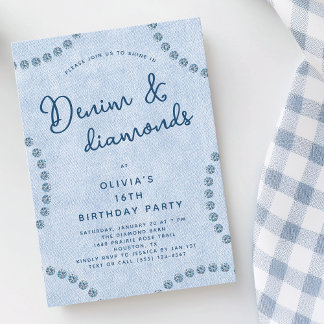 Blue Jeans Denim und Diamonds 16. Geburtstagsparty Einladung