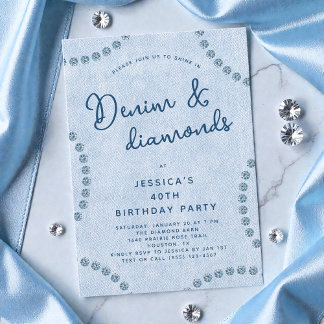 Blue Jeans Denim und Diamonds 40. Geburtstag Party Einladung