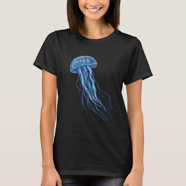 Blue Jellyfish Illustration Design Black T - Shirt (Vorderseite)
