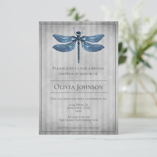 Blue Jeweled Dragonfly Bridal Shower Einladung (Stehend Vorderseite)