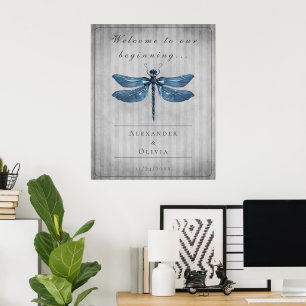 Blue Jeweled Dragonfly Wedding Willkommen Poster