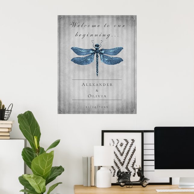 Blue Jeweled Dragonfly Wedding Willkommen Poster (Heimbüro)