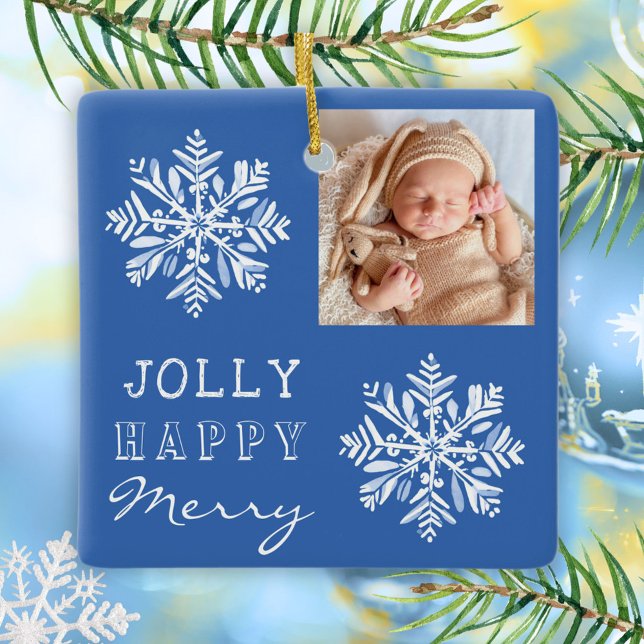 Blue Jolly Merry Snowflake Foto Weihnachtsfeiertag Keramikornament (Von Creator hochgeladen)