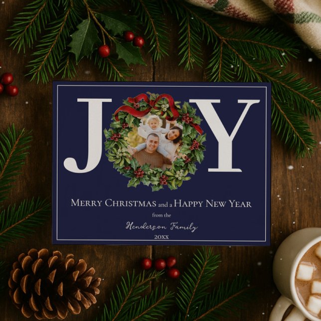 Blue Joy Christmas Wreath Foto Feiertagskarte (Blue Joy Christmas Wreath Photo Holiday Card)