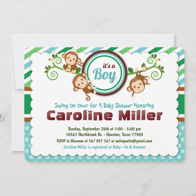 Blue Jungle Monkey Safari Animal Boy Baby Dusche Einladung (Vorderseite)