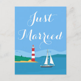 Blue Just Married Lighthouse & Sailboat Wedding Ankündigungspostkarte
