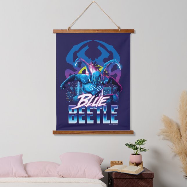 Blue Käfer Retrowave City Sunset Wandteppich Mit Holzrahmen (Schlafzimmer)