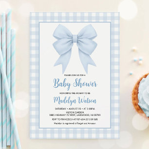 Blue Kariert and Blue Bow Baby Dusche Einladung