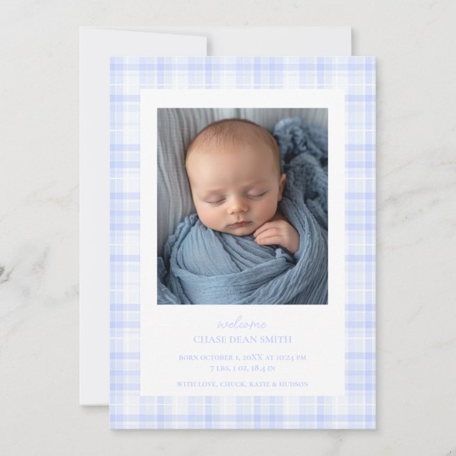 Blue Kariert Baby Ankündigung (Vorderseite)