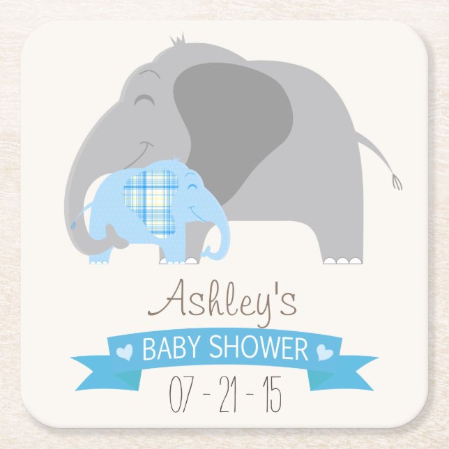 Blue Kariert Baby Elephant Baby Dusche Rechteckiger Pappuntersetzer (Vorderseite)
