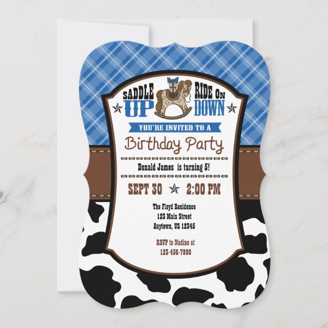 Blue Kariert Cowhide Cowboy Birthday Einladung (Vorderseite)