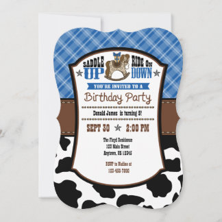 Blue Kariert Cowhide Cowboy Birthday Einladung