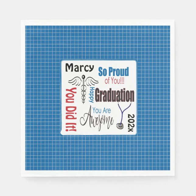 Blue Kariert Doctor Medical Nurse Graduation Party Serviette (Vorderseite)