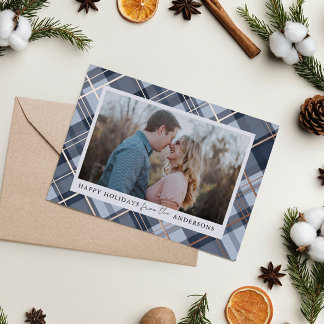 Blue Kariert Frame Christmas Real Foil Foto Folien Feiertagskarte