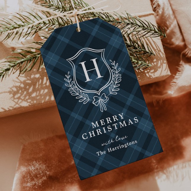 Blue Kariert Monogram Christmas Geschenkanhänger (Von Creator hochgeladen)