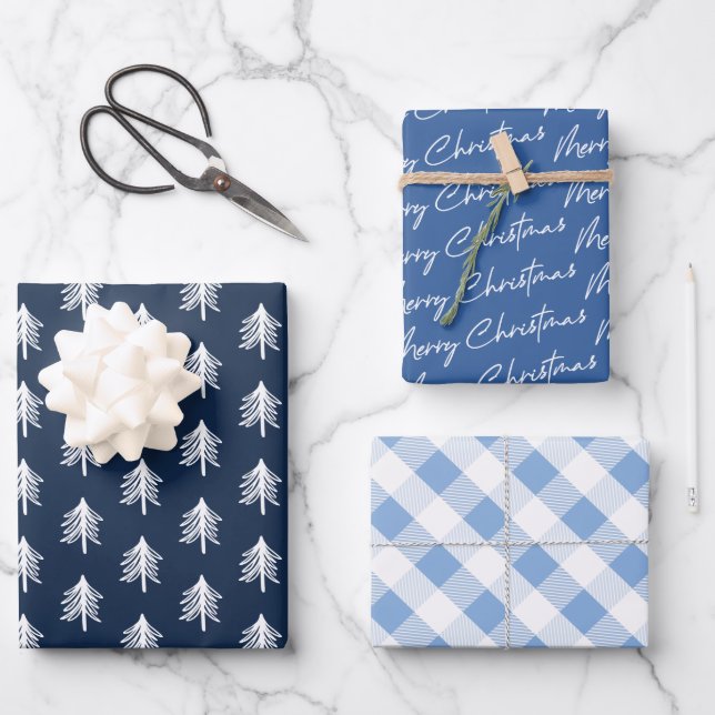 Blue Kariert Patterns Weihnachten Geschenkpapier Set (Vorderseite)