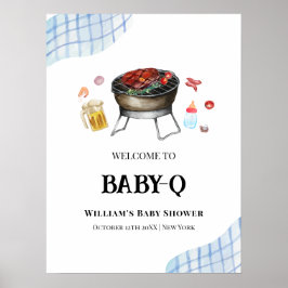 Blue Kariert Retro Baby Q Baby Dusche Willkommen Poster