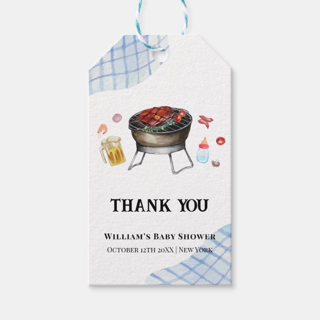 Blue Kariert Retro Country Baby Q Baby Dusche Geschenkanhänger (Vorderseite)