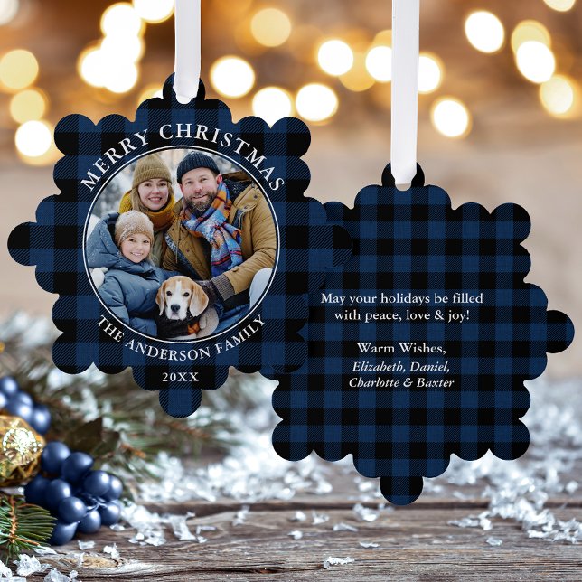 Blue Kariert Rustic Frohe Weihnachten Foto Ornament Karte (A greeting card that is also an ornament! Customize with your photo and personalized text.)