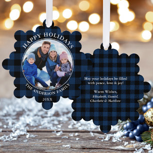Blue Kariert Rustic Happy Holidays Foto Ornament Karte