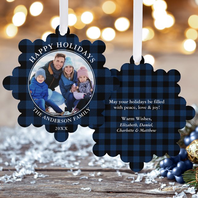 Blue Kariert Rustic Happy Holidays Foto Ornament Karte (A greeting card that is also an ornament! Customize with your photo and personalized text.)