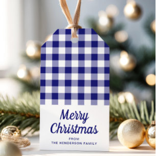 Blue Kariert Script Frohe Weihnachten Geschenkanhänger