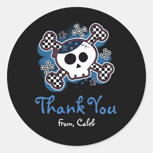 Blue Kariert Skull Crossbones Gastgeschenk Sticker (Vorderseite)