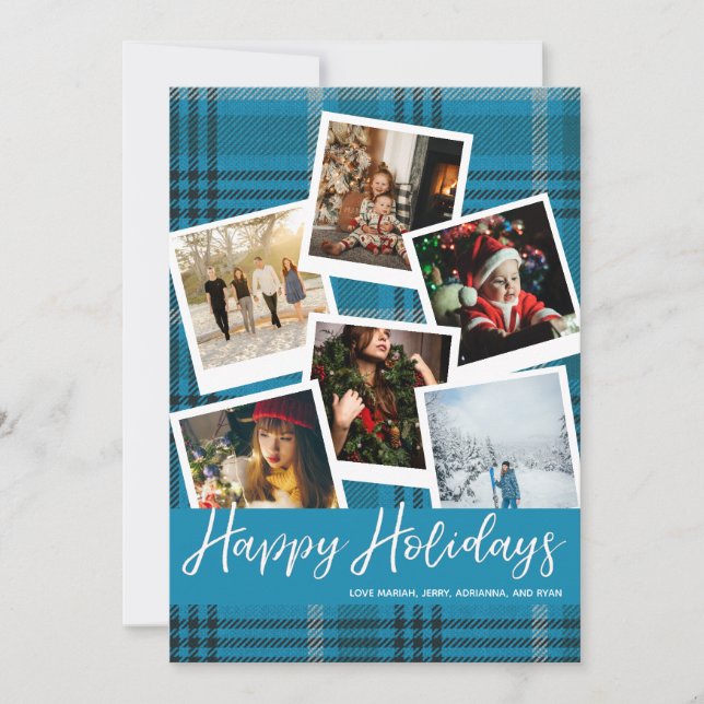 Blue Kariert Sofort Multi Foto Happy Holidays Card (Vorderseite)