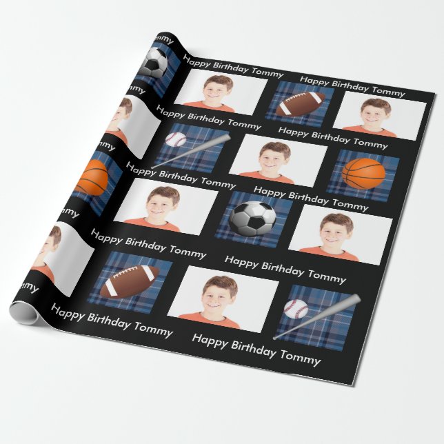 Blue Kariert & Sports w/Foto Geburtstag Geschenkpapier (Ungerollt)