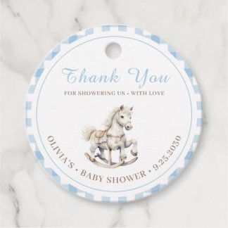 Blue Kariert Watercolor Rocking Horse Baby Dusche Geschenkanhänger