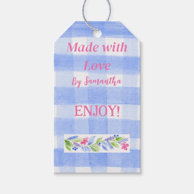 Blue Karo Gingham Blume GEMÄSS LIEBE ln Geschenkanhänger (Vorderseite)