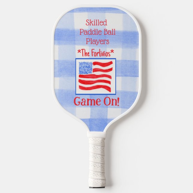 Blue Karo Gingham USA Flag GAME ON Pickleball Schläger (Vorderseite)
