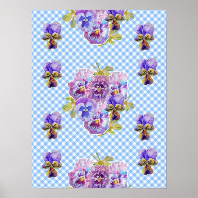 Blue Karo Pansy Blume Blume Shabby Chic Poster (Vorne)