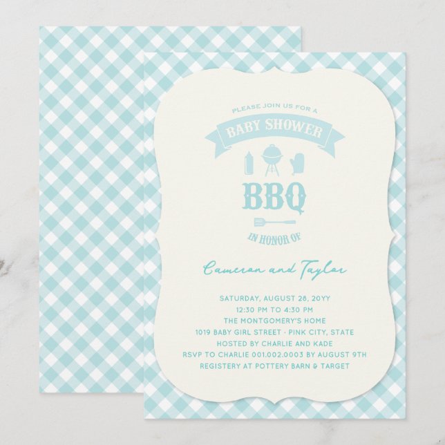 Blue Karos GRILLEN Boy Baby Dusche Summer Party Einladung (Vorne/Hinten)