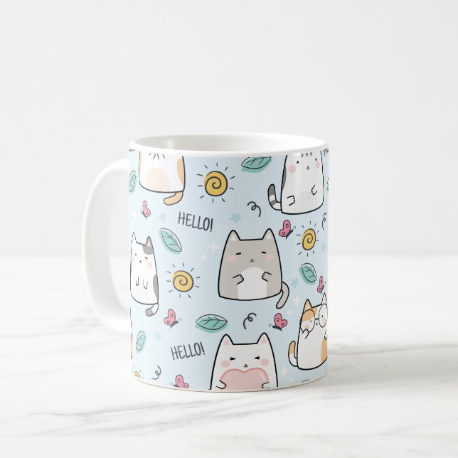 Blue Kawaii Niedlich Cats Hallo Muster Kaffeetasse (Vorderseite Links)