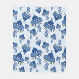 Blue Kawaii Octopus UFO Muster Fleecedecke