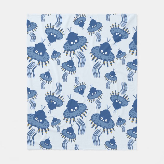 Blue Kawaii Octopus UFO Muster Fleecedecke (Vorderseite)