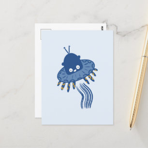 Blue Kawaii Octopus UFO Postkarte