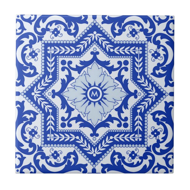 Blue Keramik Style Azulejo Vintag Monogram Fliese (Vorderseite)