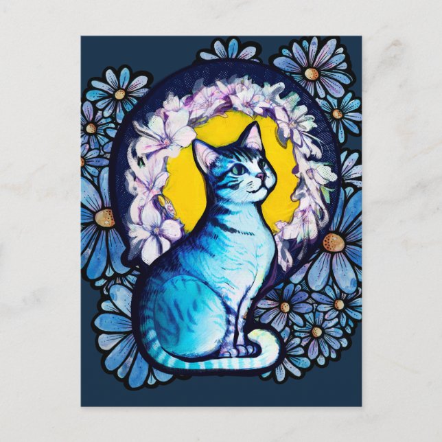Blue Kitty Cat Halo Mucha Style Floral Postkarte (Vorderseite)