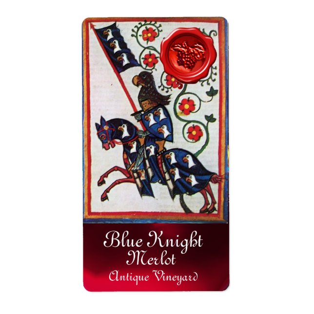 BLUE KNIGHT HORSEBACK WEINETIKETT ,RED WAX SIEGEL (Vorne)