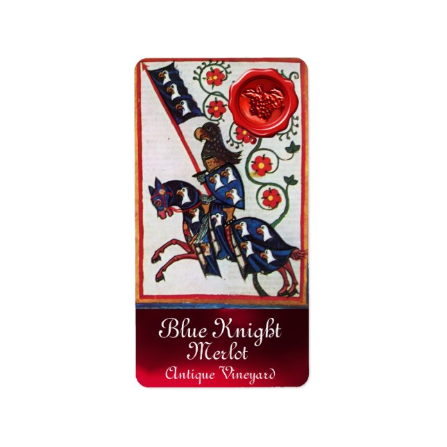 BLUE KNIGHT HORSEBACK WEINETIKETT ,RED WAX SIEGEL ADRESSAUFKLEBER (Vorne)