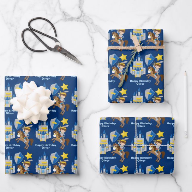 Blue Knight in Shining Armor Kindergeburtstag Part Geschenkpapier Set (Vorderseite)