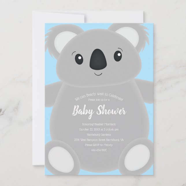 Blue Koala Bear Baby Dusche Einladung (Vorderseite)