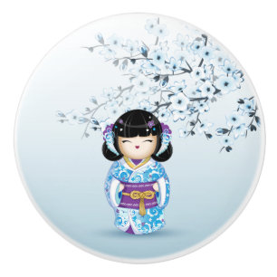 Blue Kokeshi Puppe Kirry Blossom Keramik Knob Keramikknauf