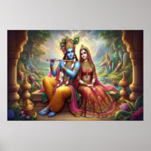 Blue Krishna Art: Radha & Deity Flute, indischer G Poster