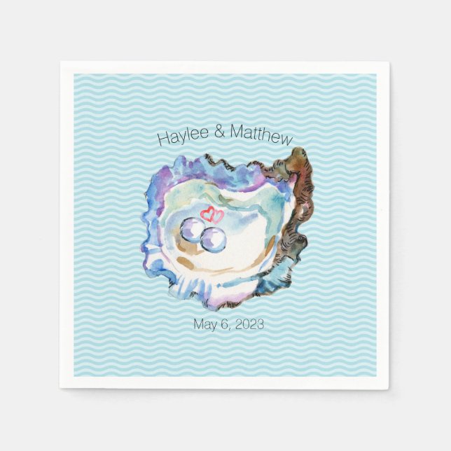 Blue Künstlerisch Oyster 2 Pearls Hearts Paper Nap Serviette (Vorderseite)